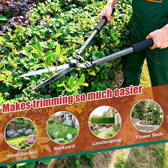 Sharp Hedge Clippers Shears Clean Cuts - 2×Leverage Long Handles for Effortless Trimming,Teflon Coated Anti-Slip Cutting Wavy Blades,Lightweight Hedges Shears for Gardening Yard Shaping Shrubs Bush