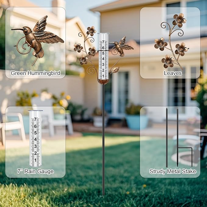 Rain Gauge Outdoor - 35" Large Hummingbird Decorative Rain Gauges Feezeproof, Metal Flower Water Gauge for Rain for Garden Yard Decor