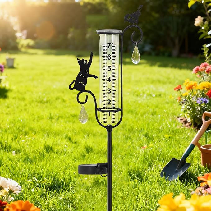 33" Solar Garden Rain Gauge - 7" Glass Tube for Outdoor Indoor Use, Patio Yard Decor Statue,Metal Cat & Bird Rain Gauge.