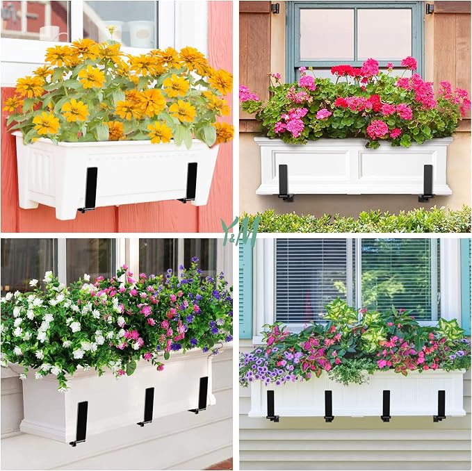Y&M 6 PCS Adjustable Window Box Brackets for Planter Box, Heavy Duty Wall Mounted Hooks Hangers for Flower Baskets Holder Durable Brackets for Fence Patio Garden Balcony