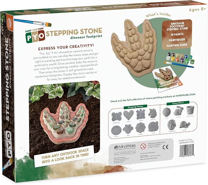 MindWare Paint Your Own Stepping Stone: Dinosaur Footprint – Weather-Resistant 8.5-inch x 10-inch Stepping Stones Kids Craft Kit - Includes Paint, Brushes and Instructions – Ages 8 and Up