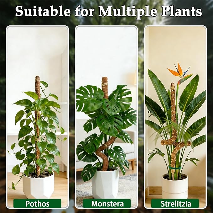 2 Pack 48 Inch Monstera Plant Support Bendable Moss Pole for Climbing Indoor Plants 7mm Strong Aluminum Core Support Stakes Tall Plant Stake Kit for Potted Plants Pothos Philodendron