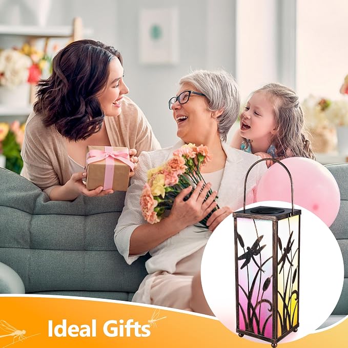 ODEETRONIC Solar Lantern Light, Hanging Dragonfly Lantern with Colorful Film Shade, Metal Solar Tabletop Light Warm White LED Outdoor Garden Lighting Waterproof for Patio Pathway Porch Balcony Decor