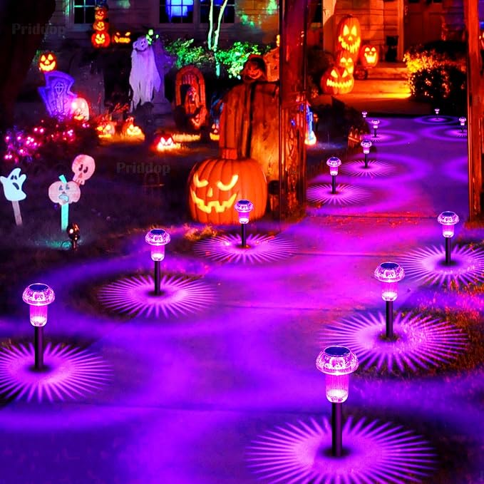 Priddop Solar Halloween Lights Outdoor 8 Pack Waterproof Purple LED | Yard Garden Decorative Pathway Mushroom Outside Landscape Path Lighting Patio Walkway Ground Pattern Halloween Decorations