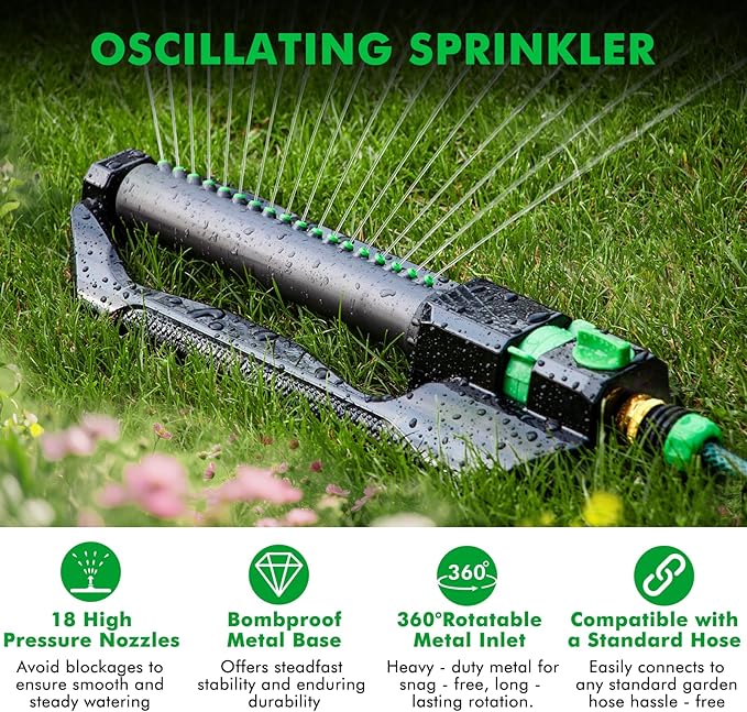 RESTMO 2 Pack Heavy Duty Oscillating Sprinkler with Metal Base, Adjustable Flow Control Lawn Watering System, Covers Up to 3,600 Sq. Ft. for Garden, Yard