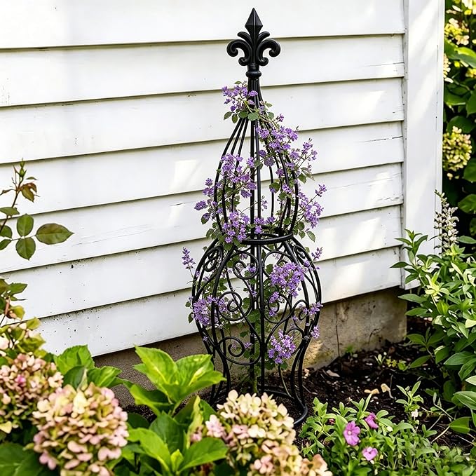2-Pack Garden Obelisk Trellis for Climbing Roses & Flowering Vines, 30" Tall Iron Plant Support, Tool-Free Snap Assembly, Decorative Outdoor Accent for Patio Planters & Entryways