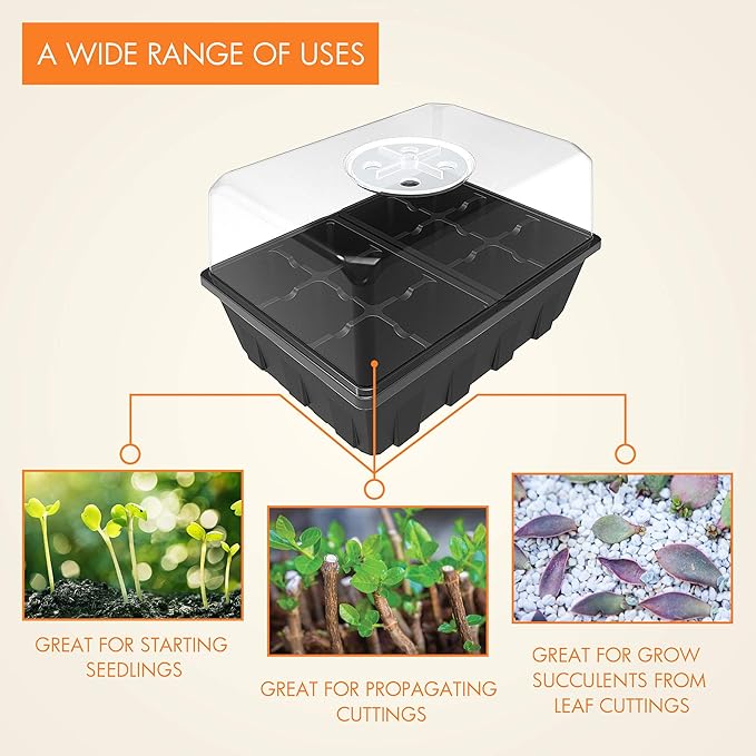 Gardzen 10 Pack Seed Starting Tray, Plant Germination Trays, Seed Starter Kit with Adjustable Humidity Vented Dome for Indoor&Outdoor Use, Plant Growing Kit 6.6" x 4.5", Total 120-Cell, Clear