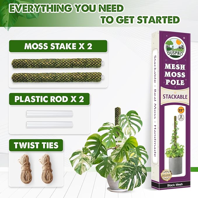 DUSPRO 2 Pack 22" Black Stackable Mesh Moss Pole for Plants β Extendable Up to 39", Natural Forest Moss Pole Monstera Plant Support, Moss Stick for Climbing Plants, Indoor Plant Stakes Accessories