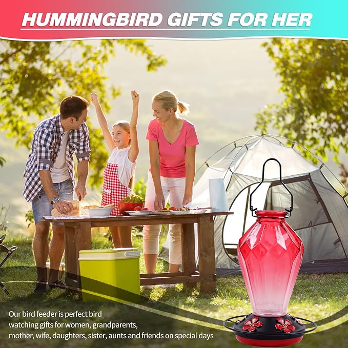 2 Pack Glass Hummingbird Feeder for Outdoors Hanging, 25Oz Humming Bird Nectar Feeder, Perch, 5 Flower Feeding Ports, Leak Proof Base, Hook for Outside Garden Backyard, Gift for Women, Diamond Red