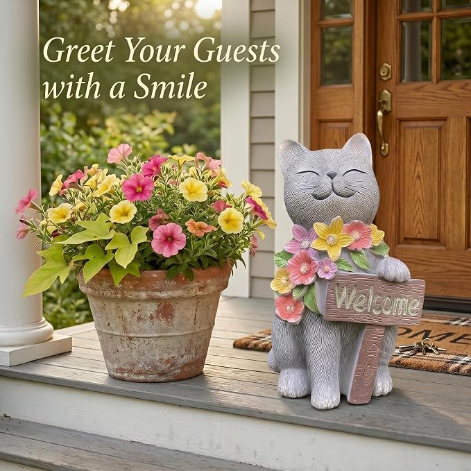 Solar Cat Garden Statue for Outdoor Decor, Cat Solar Light with Flowers, Resin Welcome Cats for Garden, Yard, Lawn Decor, Cats Lover Gifts for Women