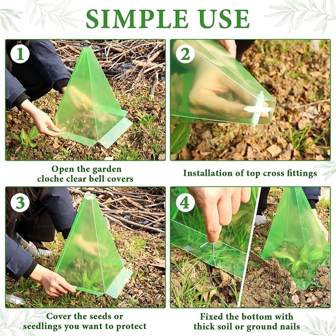 20 Pack Garden Cloches for Plants, Green Reusable Bell Plant Cover, Plastic Small Plant Seedling Protector with 40pcs Metal Stakes, Mini Greenhouse Against Sun, Frost, Snails, Birds, 7.8" x 11"