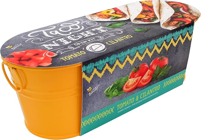 Buzzy Seeds Taco Night Grow Kit - Metal Windowsill Planter - Complete Indoor Gardening Kit with Seeds, Coconut Husk Growing Medium & Genuine Pots - 100% Grow Guarantee