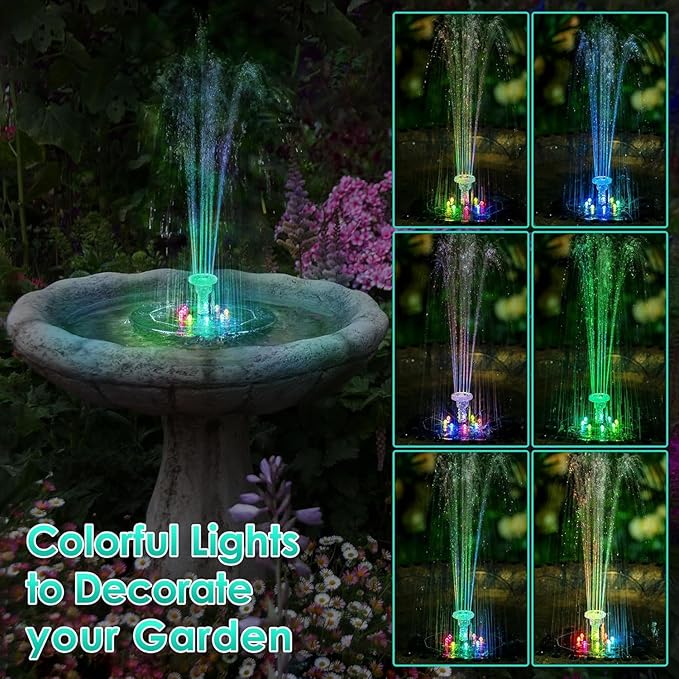 Saillong 3 Pack 5W Solar Bird Bath Fountain Pump with Colorful LED Lights, 6.3'' Battery and Solar Powered Water Fountains with 6 Nozzles, Floating Fountain Pump for Bird Bath Garden, Pond