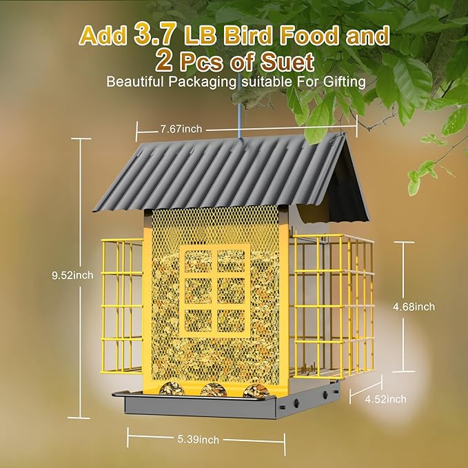 FlowaFoli Bird Feeders for Outdoors Hanging, Metal Bird Feeder with Double Suet Cage Cake, Large Capacity, Birdfeeders Sturdy & Weatherproof, Easy to Clean & Refill, Great for Attracting Wild Birds