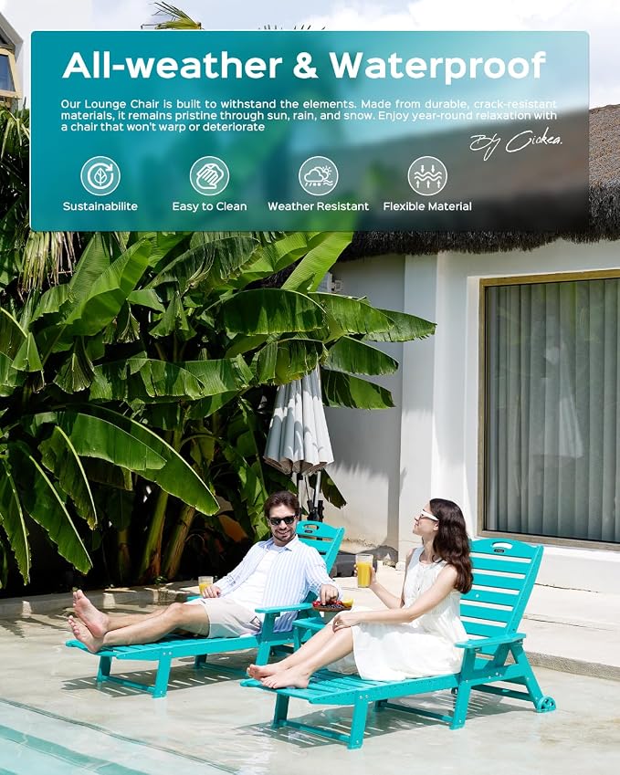 Ciokea Outdoor Lounge Chair Set of 4, All Weather Patio Chaise Lounge Chair for Outside, HDPE Chair with Rolling Wheels & Cup Holder, 5 Position, Deck, Pool, Lake Blue