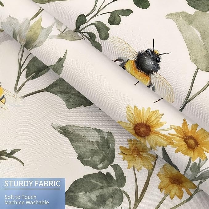 Rustic Boho Sunflowers Bee Shower Curtain, Vintage Chic Country Floral Botanical Floral Plant Farmhouse Cottagecore Aesthetic Shower Curtain Set with Hook, Beige Yellow Bath Curtain 72X78 Inch