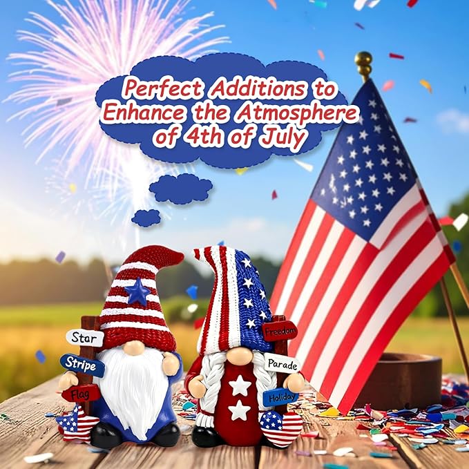 4th of July Gnome Decorations for Home 2 PCY Patriotic Desk Figurines Indoor Resin Collectible Statue Cute Holiday Ornament for Table Home