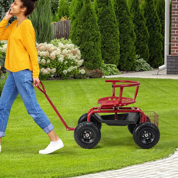 Byroce Rolling Garden Cart with Seat, Heavy Duty Wheelbarrow Utility Cart with Metal Frame, Swivel Seat, Tool Tray, Storage Basket & Adjustable Handle, Outdoor Garden Wagon Scooter for Yard (Red)