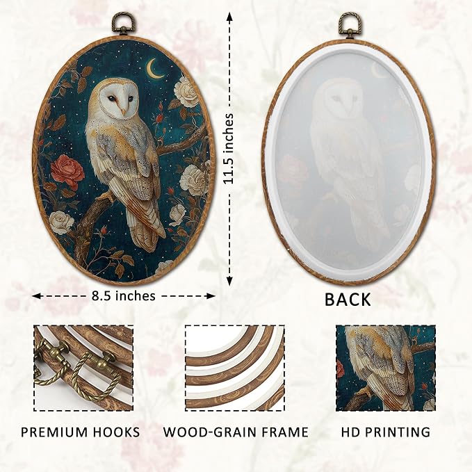 DOFQZ Vintage Moody Barn Owl Oval Wall Art Decor, Dark Academia Cottagecore Floral Owl Framed Wall Art, Whimsical Gothic Owls Walls Hanging Decor for Home Bedroom Living Room, 8.5x11.5 Inch