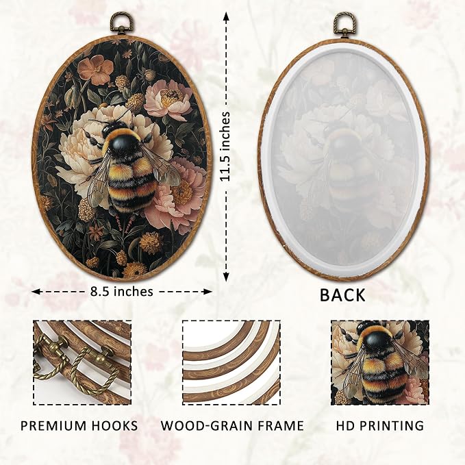DOFQZ Vintage Floral Bee Oval Wall Art Decor, Dark Cottagecore Flower Bumblebee Framed Wall Art, Retro Botanical Canvas Wall Hanging Decor for Home Bedroom Living Room,8.5x11.5 Inch