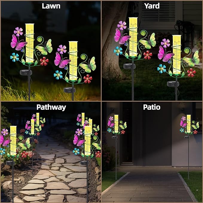 Butterfly Rain Gauge with 6 Inch Plastic Tube, Accurate Rain Gauges Outdoors Best Rated with LED Solar Lights Rain Measure Tool for Garden, Lawn, Patio