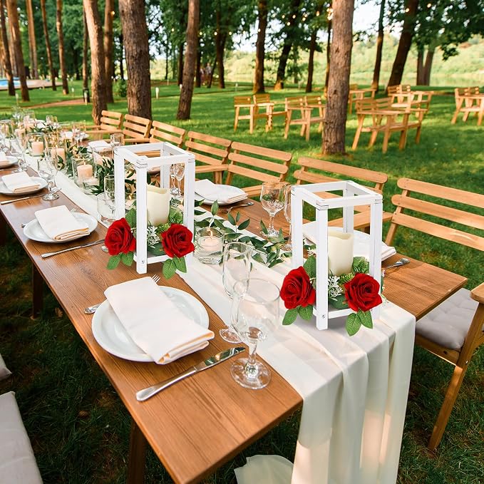Hushee 30 Pcs Integrated Wedding Lantern Centerpiece Rustic Wooden Holder with Candles and Rings Farmhouse Candle Lantern Decor for Home Valentine Wedding Party Table Decor (White and Red)