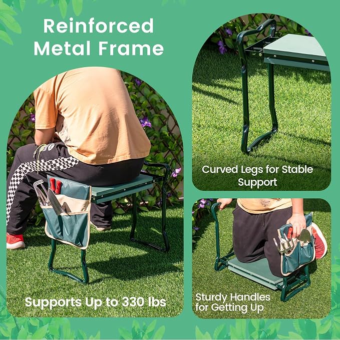 HAPPYGRILL Garden Kneeler Bench with Tools Pouch, Folding Garden Seat Stool Kneeling Pad Cushion for Patio Garden Yard