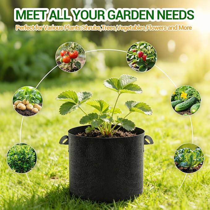 5-Pack 15 Gallon Grow Bags, Thickened Aeration Fabric Pots with Handles, Heavy Duty Plant Bags for Vegetables, Tomatoes, Potatoes, Fruits & Flowers, Reusable Garden Pots for Plants