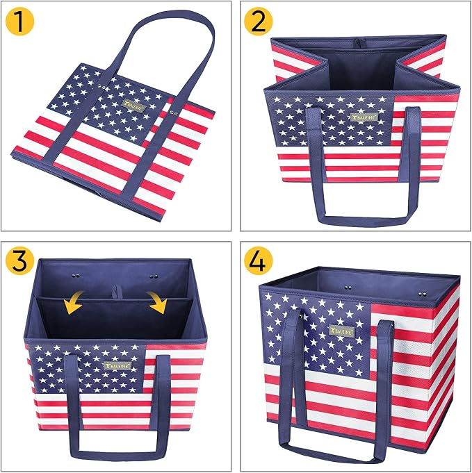 BALEINE 3Pk Reusable Grocery Bags, Foldable Shopping Bags for Groceries with Reinforced Bottom & Handles (Patriot Celebration)