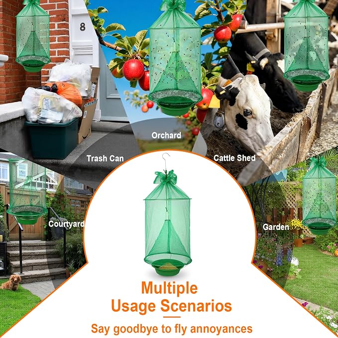4 Pack Reusable Fly Traps Outdoor Hanging, Ranch Fly Traps with Food Bait Tray, Fly Catcher Cage for Indoor or Outdoor Family Farms, Park