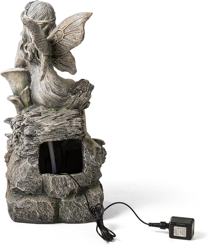 Glitzhome Water Fountain Outdoor, Outdoor Fountain with Lights & Pump, 22.75" H 4-Tiered Concrete Fairy Polyresin Cascading Waterfall Floor Standing Water Feature for Garden, Patio, Yard, Deck