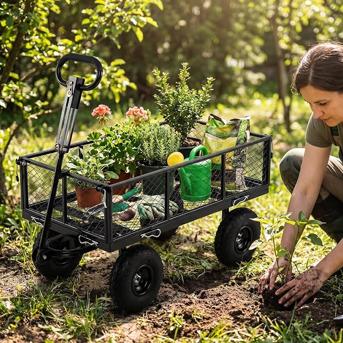Goplus 880lbs Heavy Duty Garden Cart, Metal Utility Wagon Cart with Removable Oxford Cloth Liner & Mesh Sides, 10" Pneumatic Tires, 180° Rotating Handle for Yard, Lawn