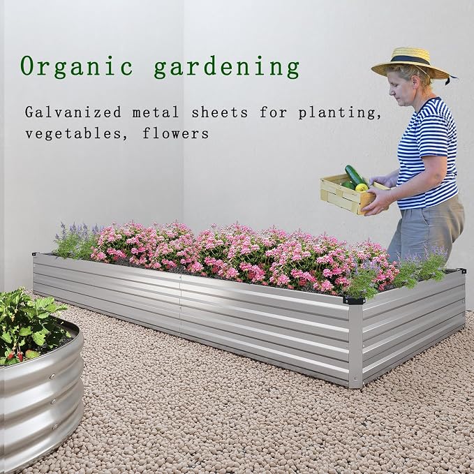 8×2×1FT(2PCS) Galvanized Raised Garden Bed Kit Metal Planter Boxes,Large Outdoor Planters Garden for Planting Vegetables,Flowers,Herbs -Silver