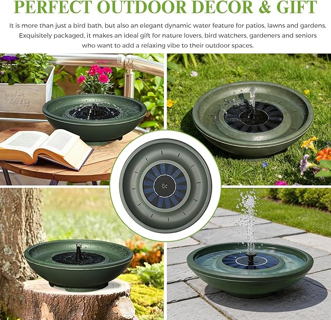 Solar Bird Bath with Fountain,12.4" Dark Green Birdbath for Outdoors,Tool-Free 10s Assembly,6 Spray Nozzles,Lightweight Plastic Water Feature for Garden Decor,Patio Gitf,Hummingbirds