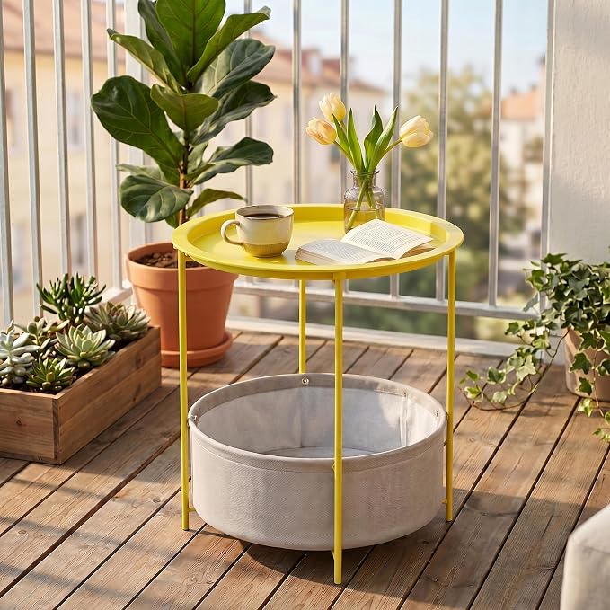 VECELO Round Side/End Table with Fabric Storage Basket,Metal Anti-Rust and Waterproof Small Bedside Nightstand with Removable Tray Top for Living Room,Balcony & Laundry,Yellow /2pcs with Basket