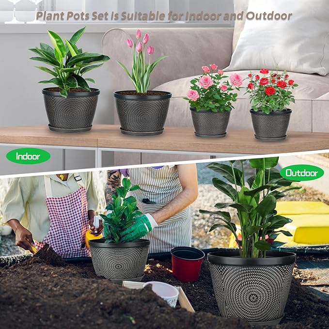 Quarut 4 Pack 6 Inch Flower Pots for Outdoor Indoor, Plastic Plant Pots with Drainage Hole & Saucer, Lightweight Small Flower Pot, Circle Pattern Planters for Garden House planters(Brown)