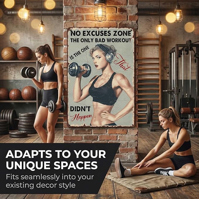 No Excuses Zone Vintage Gym Tin Sign for Women Home Gym Decor Motivational Metal Wall Art Retro Fitness Room Sign for Workout Room Garage Gym She Shed 12x8 Inch