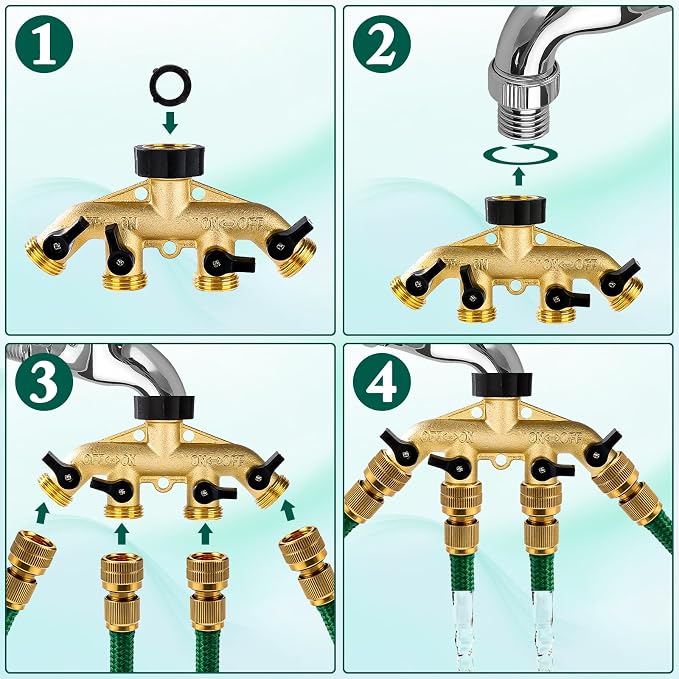 Dalmbox Garden Hose Splitter 4 Way, Water Hose Splitter, 3/4" Heavy-Duty Brass Garden Hose Splitter, Includes 5 Rubber Washers & Teflon Tape(1 pack)