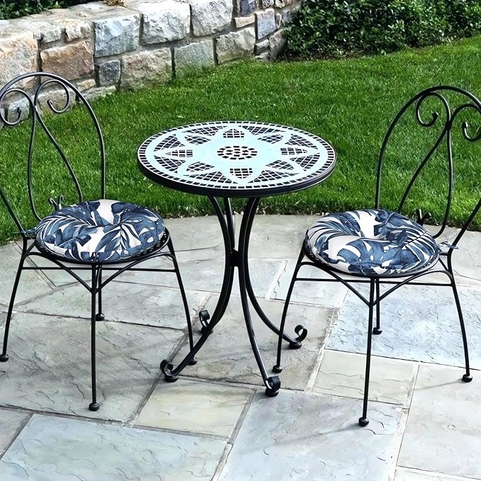 DYTXIII Set of 2 Outdoor Round Chair Cushions 15"x15"x4" with Ties, Water Repellent Tufted Bistro Seat Cushions, Thick Patio Chair Pads for Bar Stool, Garden & Dining Furniture - Palm Blue
