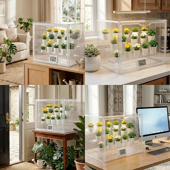 Mini Greenhouse Indoor Clear, Small Portable Tabletop Greenhouse with Indoor Greenhouse Door Thermometer and Hygrometer for Seed Starting, Plant Cabinet Grow Warmer and Home Gardening Display