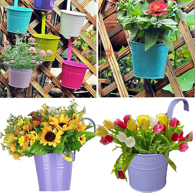 Railing Planters with Drainage Holes, 10 Pack 6.3" x 4.7" x 5.3" Iron Hanging Flower Pots with Removable Hooks for Balcony Fence Garden Suitable Indoor Outdoor, Plant Hanger, 10 Colors