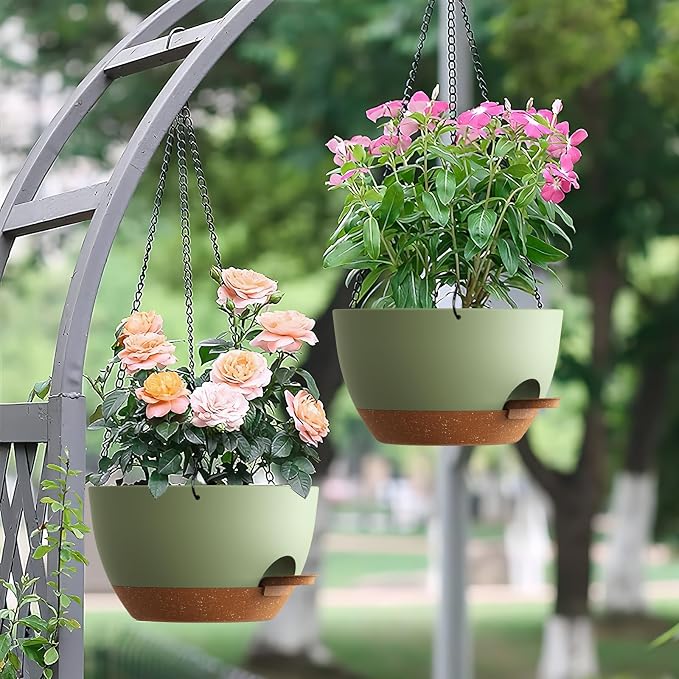 UOUZ Set of 3-10 Inch Self Watering Hanging Planters for Indoor & Outdoor,Hanging Plant Pots with Drainage & Removable Tray, Hanging Pots Holder for Ivy, Ferns, Balcony & Patio, Green and Brown