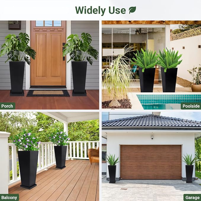 26" Metal Tall Outdoor Planters Set of 2, Durable & Wealtherproof | Tall Planters with Drainage Insert Shelve & Trays, Black Outdoor Planters for Porch, Garden, Yard