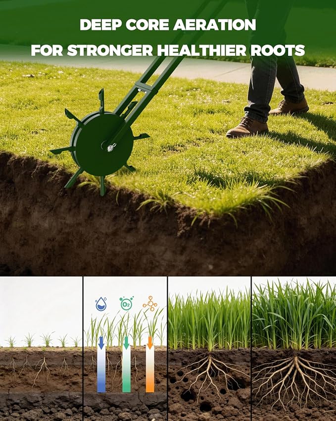 Core Rolling Lawn Aerator with Hollow Tines, Heavy-Duty Manual Yard Tool | Heavy-Duty Manual Rolling Core Aerator With Hollow Tines for Compacted Soil, Seasonal Lawn Care, Yards, And Gardens