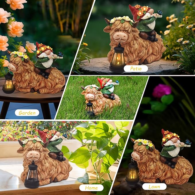 WINTS Solar Highland Cow Gnome Light,9.8" Highland Cow Statue with Lantern for Lawn Yard Outdoor Garden Decorations, Unique Gift for Mom Women Men