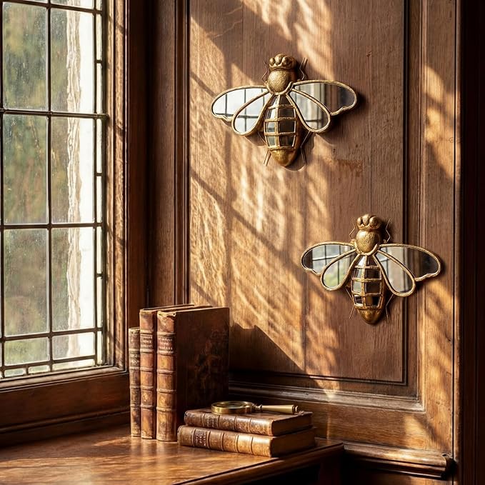 Sliner 2 Pcs Bee Mirror Wall Decor, Gold Resin Aesthetic Insect Wall Art, Vintage Decorative Bug Animal Glass Mirrors for European Themed Home Nursery Garden, Elegant Nature Gift for Summer Wedding