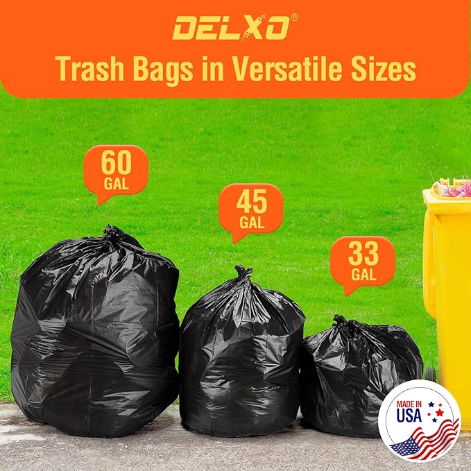 Delxo 30-33 Gallon Trash Bags, 5000 Count – 0.6 Mil Medium Duty Garbage Bags, Durable Plastic Bolsas para basura, Perforated Design– Made in USA for Kitchen, Yard, Office (Black)