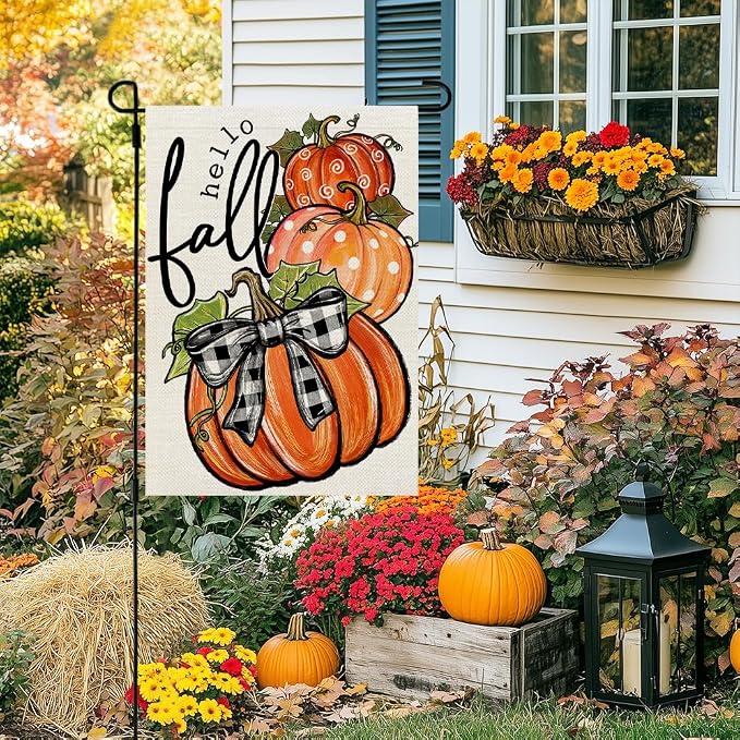 CROWNED BEAUTY Fall Welcome Pumpkins Garden Flag for Outside 12x18 Inch | Weather resistant, double-sided small yard flag. Features three pumpkins for outdoor seasonal fall decor