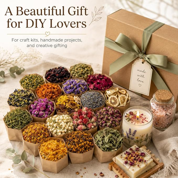 Sukh Dried Herbs Kit - Dried Botanicals Bulk,21 Bags Natural Dry Flowers and Herbs for Soap,Candle,Perfume,Bath Bombs,Resin Jewelry Making Supplies,Fragrance Sachet DIY and Witchcraft