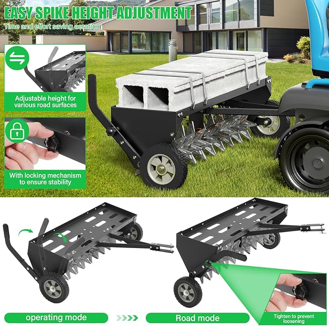 Doniks 40" Tow Behind Plug Aerator with Transport Wheels, Lawn Aerator Tow Behind with Galvanised Steel Tines and Extra-Wide Tow Bar, Pull Behind Aerator for Gardens, Lawns, Farms
